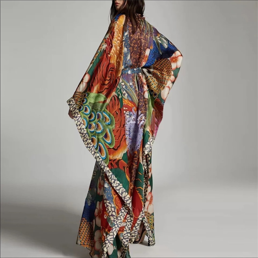 Green Floral & Dragon Print Satin Maxi Kimono Dress - Picture 2 of 7